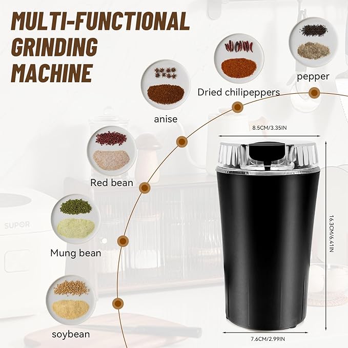 Small Coffee Grinder and Herb Grinder with 150W Powerful Motor & Anti-Skid Bottom, Designed for Grinding Spices, Nuts, and Coffee