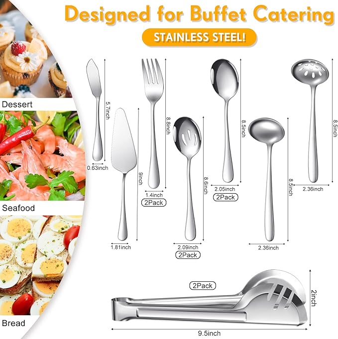 Patelai Serving Utensils Set Include Stainless Steel Large Spoons Slotted Spoons Forks Tongs Soup Ladle and Pie Server for Parties Buffet Catering, Dishwasher Safe(Silver,12 Pieces)