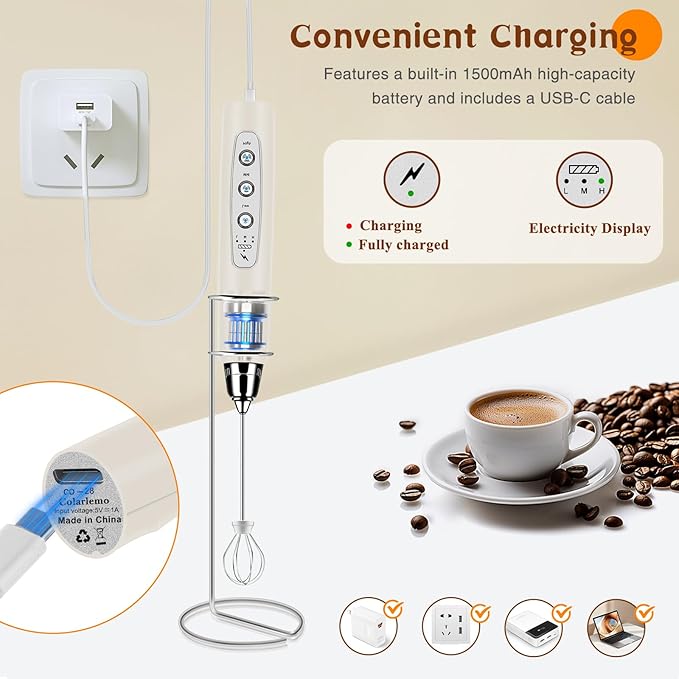 Milk Frother Handheld Rechargeable with Stand, Frother Wand Drink Mixer Electric Whisk for Coffee, Detachable With 3 Stainless Whisks, Hand Mixer for Lattes, Cappuccino, Matcha, Egg, Beige