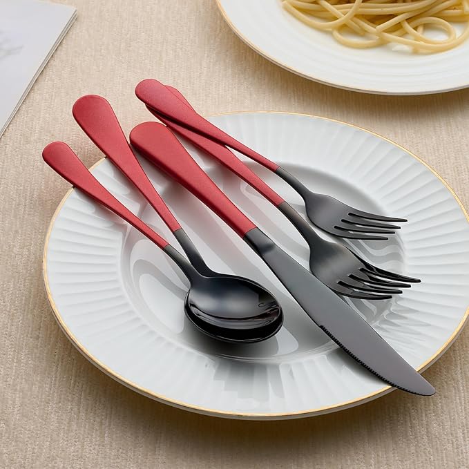 20-Piece Black and Purple Stainless Steel Flatware Set - 4 Dinner Knives, Forks, Spoons, Salad / Dessert Teaspoons - Dishwasher Safe