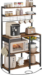 VASAGLE Bakers Rack with Power Outlet, 35.4 Inches Microwave Stand, Coffee Bar, 4 AC Outlets, with Adjustable Shelves, 8 S-Hooks, Basket, Spice Racks, Rustic Brown and Ink Black UKKS031K01