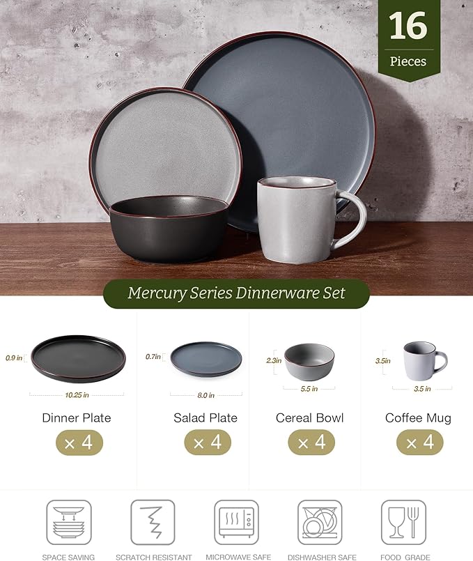 Famiware Mercury Dinnerware Sets with Mugs, Service for 4 (16 Pieces), Plates and Bowls Sets, Microwave and Dishwasher Safe Dishes Set, Multi-color