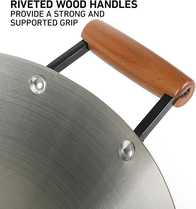 Oster Sangerfield 14-Inch Stainless Steel Wok With Wood Handles, Durable Non-Stick Stir Fry Pan for Gas and Electric Stovetops