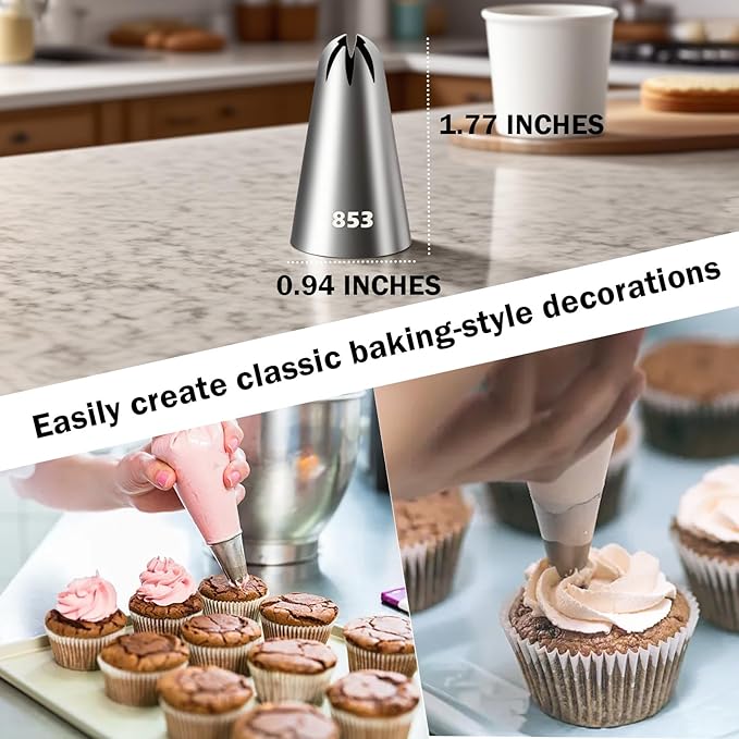Hendiy Piping Tips Set, Stainless Steel Icing Tips with 20 Disposable Pastry Bags for Cake Decorating Piping Bags and Tips Set, 853 Frosting Tip Cupcake Decorating Kit