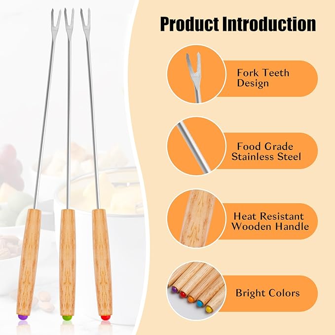Blcculi 24 PCS Stainless Steel Fondue Forks,9.4 Inch Fondue Sticks,6 Color Coding Cheese Fondue Forks with Heat Resistant Handle,for Chocolate Fountain,Roast Meat,Cheese Fondue,Dessert Fruits