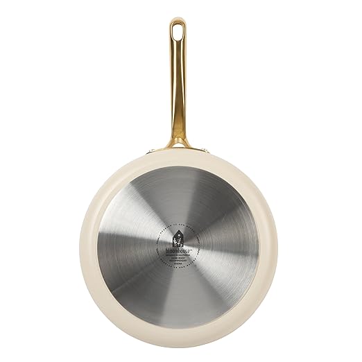 bloomhouse 10 Inch Heavy Duty Aluminum Premium PFA Free Ceramic Nonstick Saute/Deep Frying Pan Skillet with Lid - Almond Cream w/Gold Handle