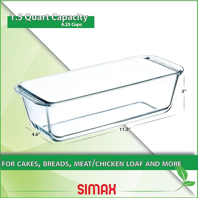 SIMAX Glassware Classic 1.5 Quart Loaf Dish, Glass Loaf Pan, Heat, Cold and Shock-Proof Borosilicate Glass, Made in Europe, Dishwasher Safe, 11” x 4.8” x 3”