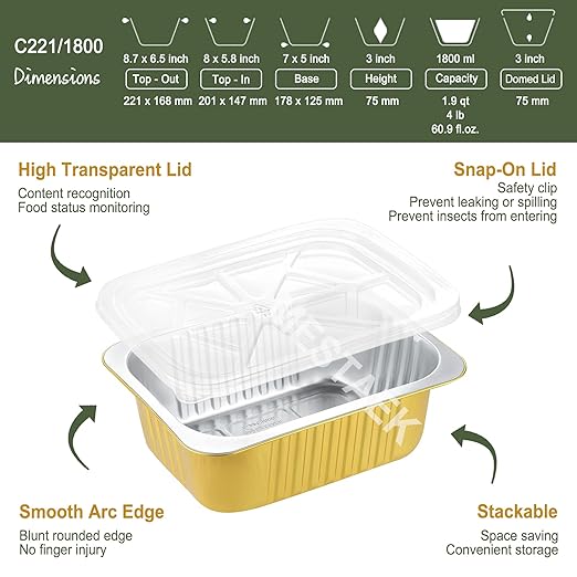 9"x6.5" Sturdy Foil Pans + Snap-On Lids (5 Pack) | 2X Thicker Heavy Duty Reusable 61oz | Grill Microwavable Multi-Use Pot | 3" Deep Disposable Aluminum Tin for Baking Cooking