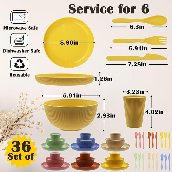 Wheat Straw Dinnerware Set, 36pcs Dishes Plates and Bowls Sets, Service for 6, Reusable Dinnerware Set Kitchen Cups Plates and Bowls Sets