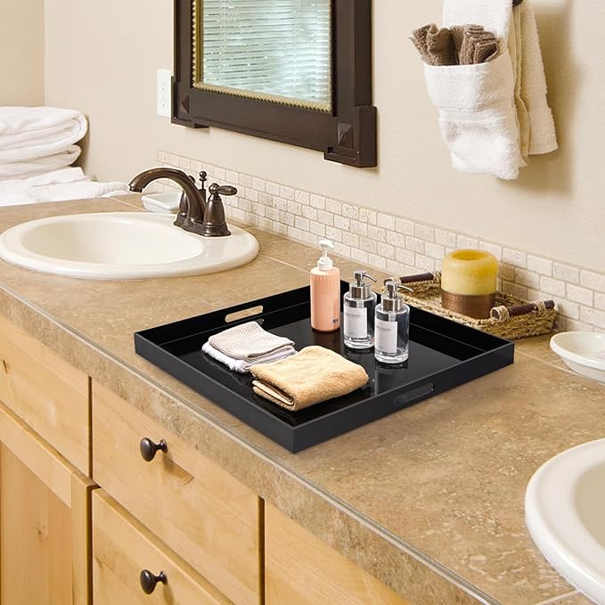 17×17 inches Oversized Black Acrylic Ottoman Tray Extra Large Decorative Tray Spill-Proof Serving Trays with Handles King-Size Safe Edge Organizer for Coffee Table Countertop Breakfast