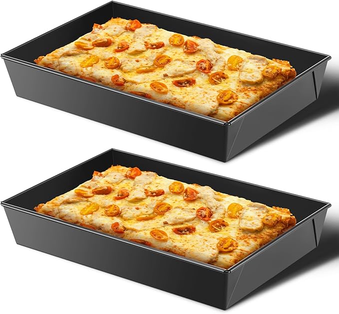 2 Pcs Detroit Style Pizza Pan 10 x 14 x 2.36 Inch Hard Rectangular Deep Pizza Pans Non Stick Sicilian Style Pizza Pan Dish Pre Seasoned Bakeware Kitchenware