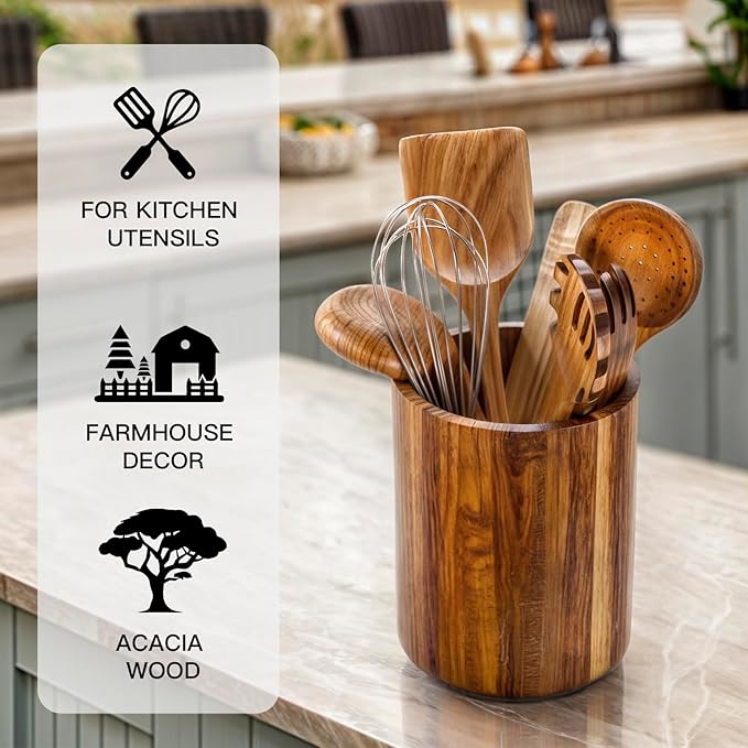 Large Acacia Wood Utensil Holder for Kitchen Counter, 360° Rotating Kitchen Utensil Holder, Set of 2 (7.9" & 5.9"), Rustic Farmhouse Decor Accessories