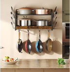 Hanging Pot Rack, Pot Rack Wall Mounted, 2-Tier Kitchen Pot and Lid Organizer, Wall-Mounted Pot Rack with 12 Hooks, for Kitchen Storage of Pots, Pans, Utensils, Rustic Brown TPR02BF
