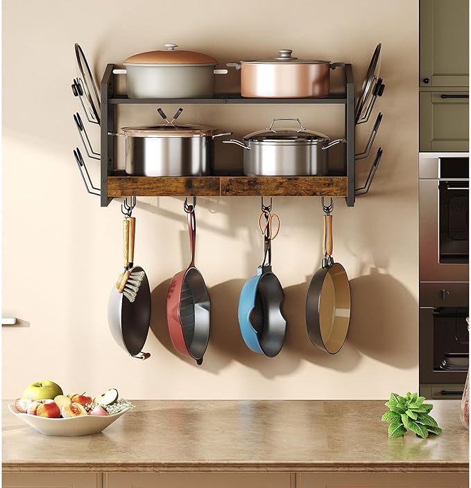 Hanging Pot Rack, Pot Rack Wall Mounted, 2-Tier Kitchen Pot and Lid Organizer, Wall-Mounted Pot Rack with 12 Hooks, for Kitchen Storage of Pots, Pans, Utensils, Rustic Brown TPR02BF