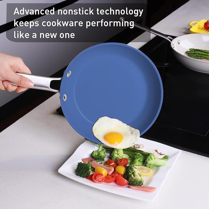 MsMk Blue 8" + 9.5" + 11" Ceramic Non Stick Frying Pans Sets, PFOA Free Non-Toxic, Scratch-resistant, Oven-Safe, Induction Ready, Compatible with All Cooktops