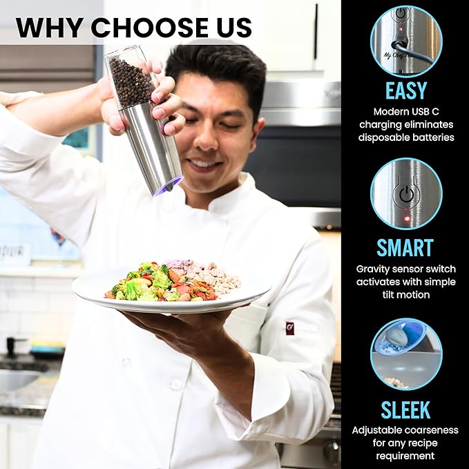 My Chef Tools - Electric Salt and Pepper Grinder Set - Rechargeable Automatic Salt Pepper Mill - USB C Charging - LED Light Illumination - Adjustable Coarseness - 2 Pack Silver