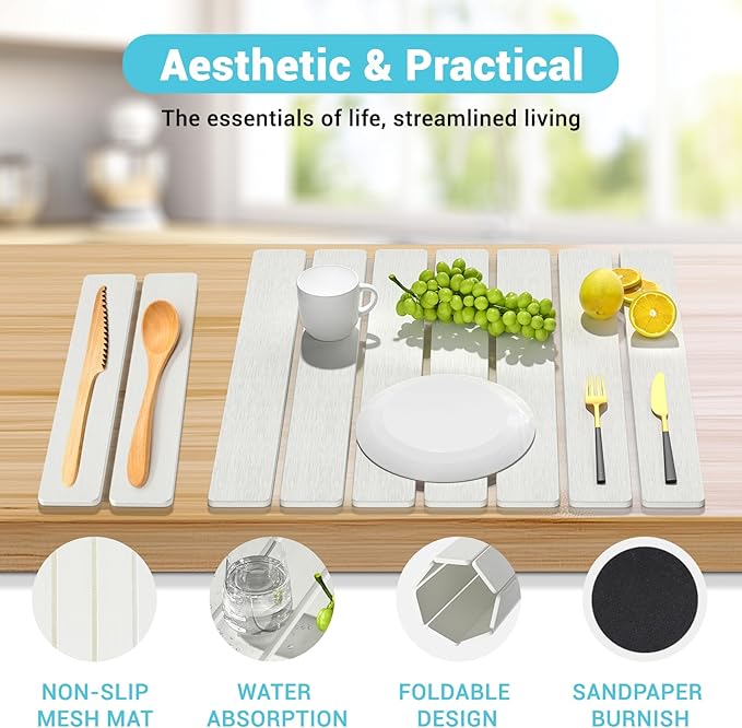 2Pack Stone Dish Drying Mats for Kitchen Counter, Quick Dry Absorbent Diatomite Sink Tray, Foldable Non Slip Dish Rack Mat for Dishes Cups, Perfect for Kitchen Bathroom White (15.5"x11.8" & 8.2"x4")