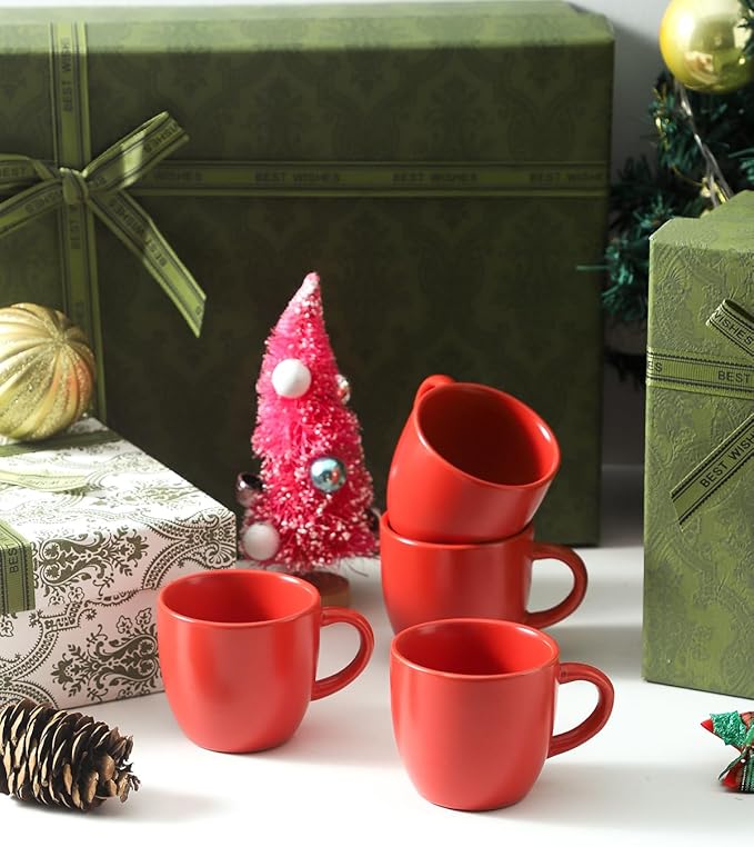 Hasense Espresso Cups Set of 4 Perfect for Demitasse, Cappuccino, Tea Bag and Juice, 5 Ounce Ceramic Stackable Mini Coffee Mugs Suit for Espresso Machine and Coffee Maker, Red