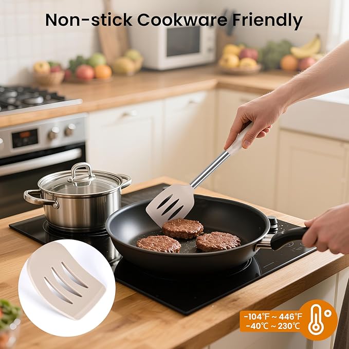 Silicone Spatulas Turners, Solid & Slotted Silicone Spatula Set, Non Stick Turners,Ailsoes Heat Resistant BPA Free Rubber Spatulas for Fish, Eggs, Pancakes, WOK，2 Pack (Khaki)