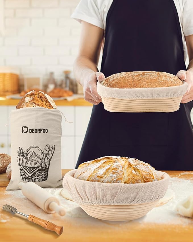 Sourdough Bread Baking Supplies Tools,10 Inch Oval & 9 Inch Round Banneton Bread Proofing Basket Set,Sourdough Starter Kit Gift for Bread Making (white with Starter Jar)