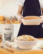 Sourdough Bread Baking Supplies Tools,10 Inch Oval & 9 Inch Round Banneton Bread Proofing Basket Set,Sourdough Starter Kit Gift for Bread Making (white with Starter Jar)