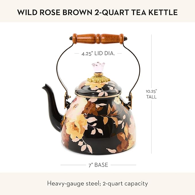 MACKENZIE-CHILDS Enamel Tea Kettle, Cute Tea Kettle for Stovetop, 2 Quarts, Wild Rose Brown