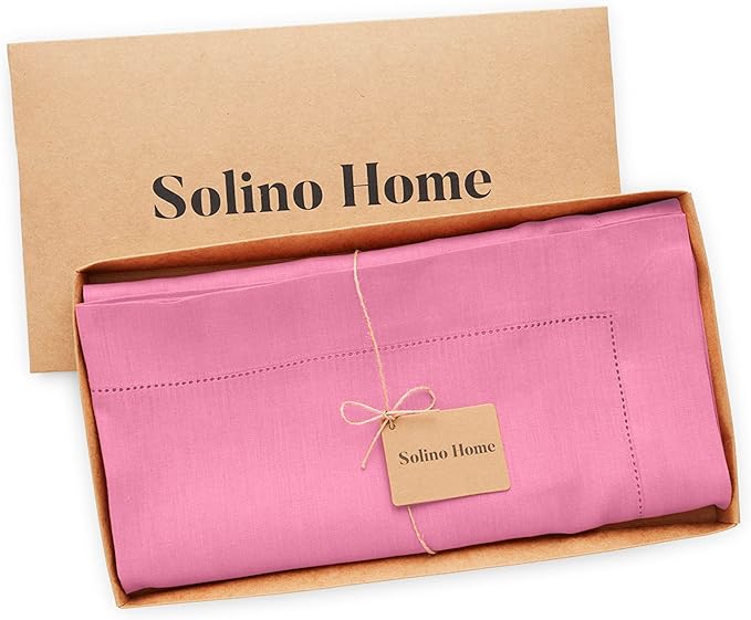 Solino Home Square Linen Tablecloth 52 x 52 Inch - 100% Pure Linen Flamingo Pink Table Throw - Classic Hemstitch, Machine Washable Table Cloth for Summer, Halloween