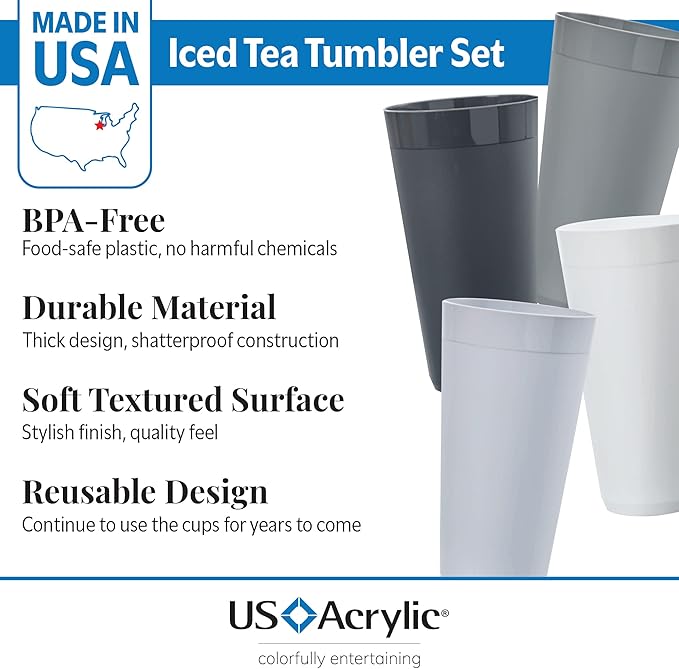 US Acrylic Newport 32 ounce Unbreakable Plastic Stackable Iced-Tea Tumblers in Grey Stone | Set of 12 Drinking Cups | Reusable, BPA-free, Made in the USA, Top-rack Dishwasher and Microwave Safe