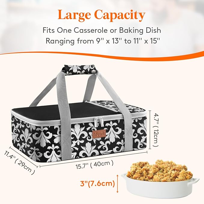 Lifewit Casserole Carrier for Hot or Cold Food, Insulated Casserole Baking Dish Bag Food Carrier, Lasagna Holder for Potluck/Parties/Picnic/Cookouts, Fits 9"x13" Baking Dish, Black