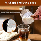 YARRAMATE 2 Pack 6 oz/180ML Glass Measuring Cup with Wooden Handle – Espresso Shot Cups, Ribbed Milk Frothing Pitcher, Dual Scale Markings, V-Shaped Mouth for Easy Pouring