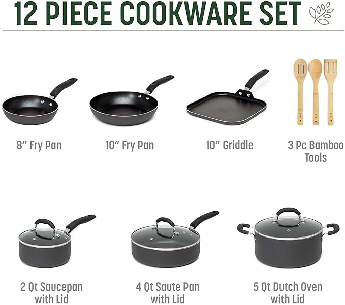 Goodful Ceramic Nonstick Pots and Pans Set, Premium Ceramic Coating Made without PFOA, PTFE or PFAS, Dishwasher Safe, 12-Piece, Charcoal Gray
