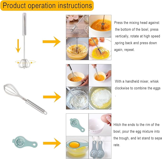 3-Piece Whisk Set with Yolk Separator - Semi-Auto & Manual Cooking Whisks for Baking Mixing, Egg Foaming | Stainless Steel Beating Tools with Ergonomic Handles (3PC Kitchen Gadgets)