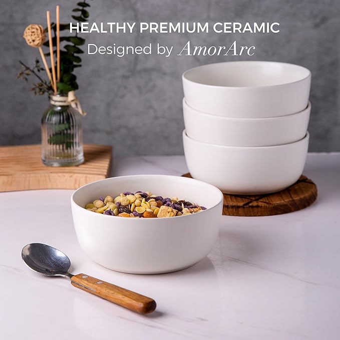 AmorArc Stoneware Cereal Bowls Set of 4, 26oz Soup Bowls Set for Cereal Soup Snacks, Modern Kitchen bowls for Meal, Dishwasher &Microwave Safe,Matte White