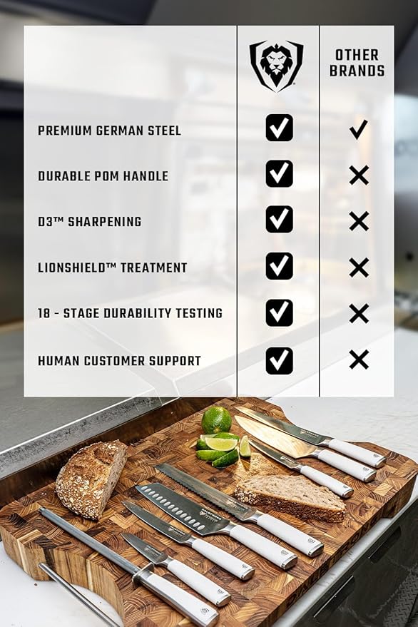 Dalstrong Knife Block Set - 8 Piece - Vanquish Series - Forged High Carbon German Steel - Kitchen Knife Set - Premium Wood Block - White POM Handle - NSF Certified