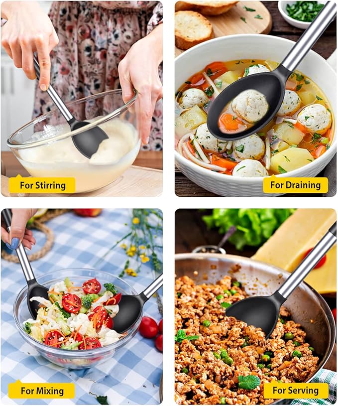 Pack of 2 Large Silicone Cooking Spoons,Non Stick Solid Basting Spoon,Heat-Resistant Kitchen Utensils for Mixing,Serving,Draining,Stirring (BLACK)