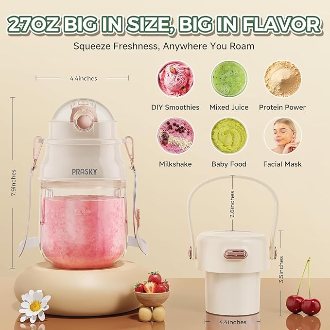 Portable Blender, Prasky Personal Blenders for Shakes and Smoothies with 27oz Cup, Lid and Shoulder Strap,Type-C USB Rechargeable, Personal Size Blenders BPA-free for Gym/Travel/Kitchen (Ivory White)