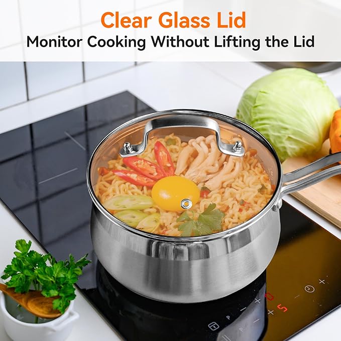 WANGYUANJI 2.5-Quart Stainless Steel Saucepan with Steamer Basket, 2-in-1 Pot & Steamer, Tri-Ply Base, Tempered Glass Lid, Induction Compatible