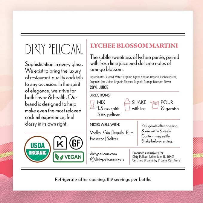 Dirty Pelican Cocktail Mixers - Lychee Blossom Martini - Skinny & Organic Drink Mixes for Cocktails - Low Calorie Mocktails - Low Sugar - Vegan - Gluten Free - No Preservatives - 750ml (1 Bottle)