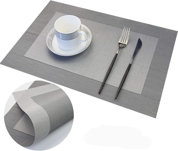 PIGCHCY Placemats Vinyl Washable Table Mats Elegant Non-Slip Placemats for Dinner Table Set of 4 (Silver)