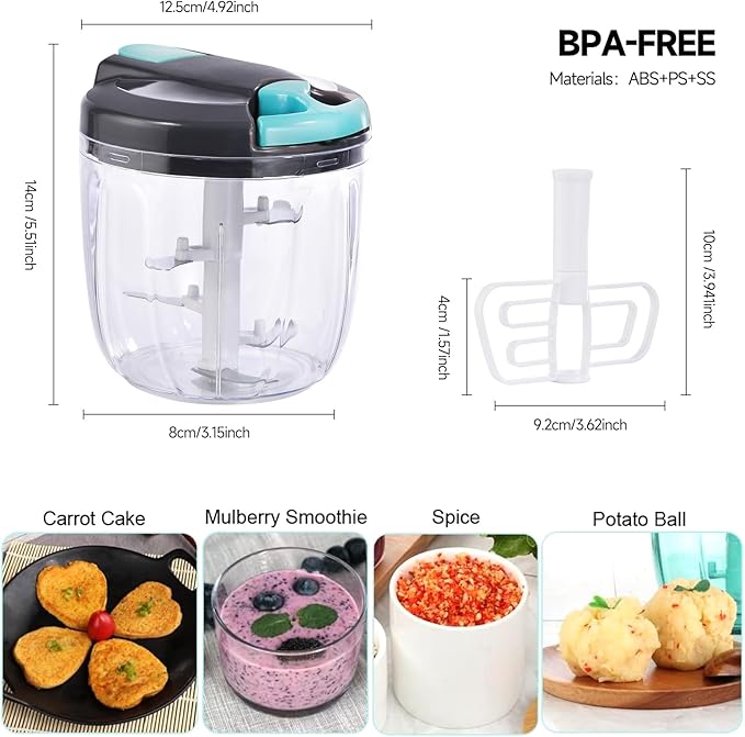 Manual Food Processor Vegetable Chopper, Portable Hand Pull String Garlic Mincer Onion Cutter for Veggies, Ginger, Fruits, Nuts, Herbs, etc., （900ml,Gray-blue）