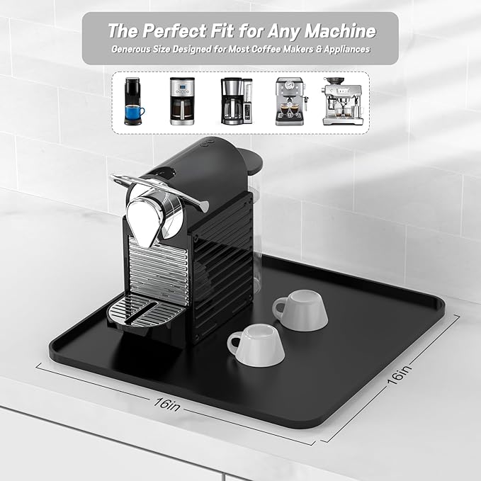 Silicone Coffee Mat,16"×16" Waterproof Heat Resistant Bar Mat for Espresso Machine Station Accessories,Non Slip Dish Drying Mat for Kitchen Counter,Home Decor Essentials,Black