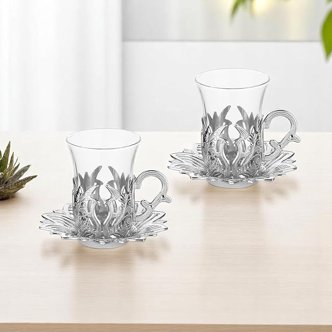 Alisveristime (Set of 2 Turkish Tea Set with Zamac Holders, Glass Cups, and Saucers – Ahsen Ottoman Design, 100ml Capacity, Available in Gold or Silver Color (Silver)