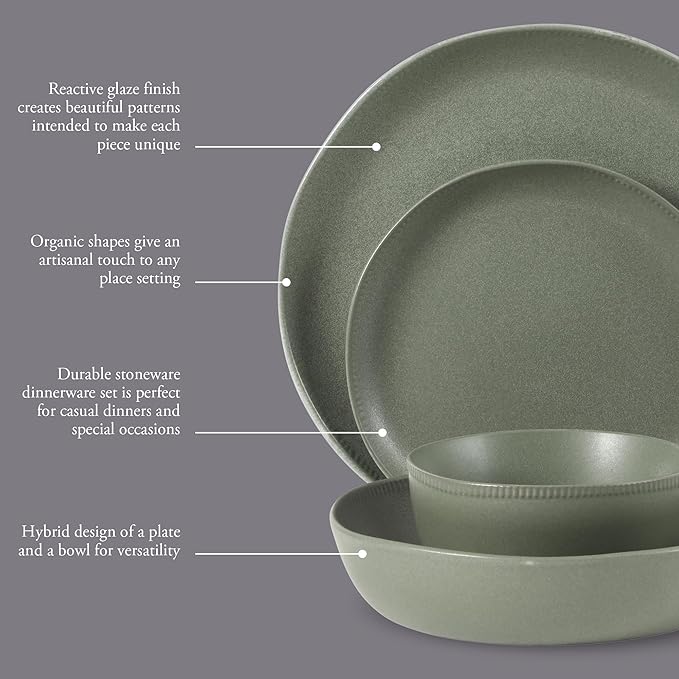 Gibson Elite Menlo Park 16-Piece Pottery Clay Stoneware Dinnerware Set – Green Reactive Glaze, Organic Shape Embossed Plates and Bowls W/Pasta Bowl, Service for 4 – Microwave & Dishwasher Safe