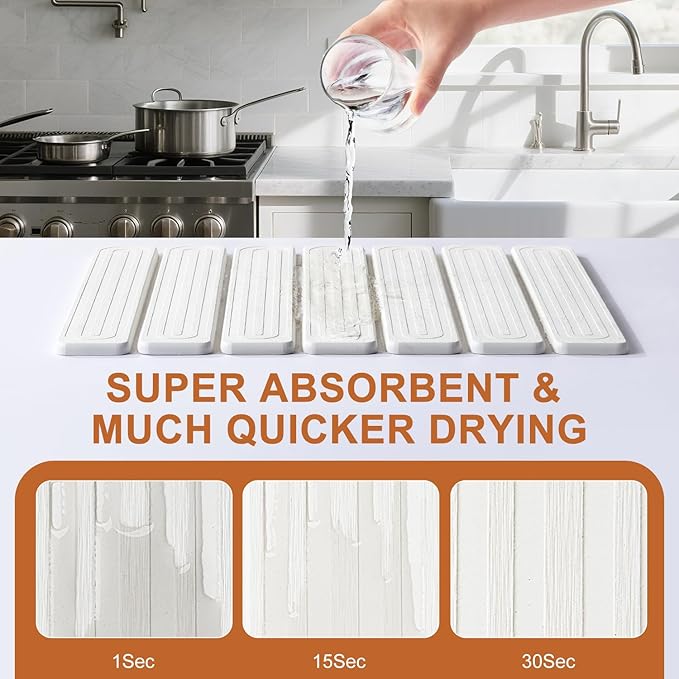 Stone Dish Drying Mat for Kitchen Counter,16"x12",Roll Up Self Drying Dish Mat with Water-Guiding Grooves, Natural Diatomite Quick Dry Stone Mat for Dishes & Utensils