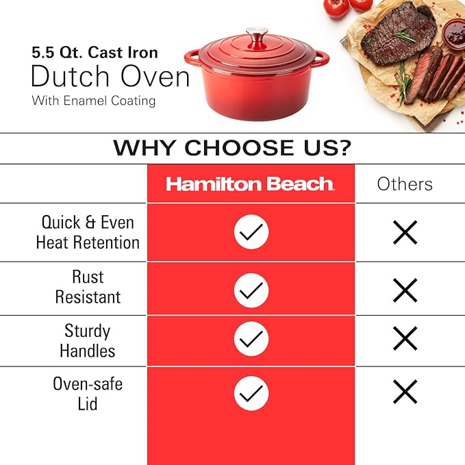 Hamilton Beach Enameled Cast Iron Dutch Oven 5.5-Quart Red, Cream Enamel Dutch Oven Pot with Lid