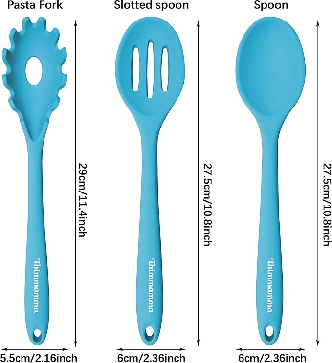 Silicone Cooking Spoons, Heat Resistant Large Silicone Pasta Slotted Spoon Solid Basting Spoon set for Nonstick Cookware, BPA Free Black Kitchen Silicone Spoons set for Mixing, Serving, Draining Blue