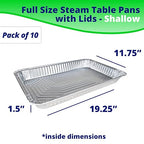 IDL Packaging Full Size Aluminum Steam Table Pans with Lids - Shallow, 21" x 13" x 1.5" (pack of 10) - Disposable Foil Pan for Grilling, Roasting, BBQ, Cooking, Baking, Freezing