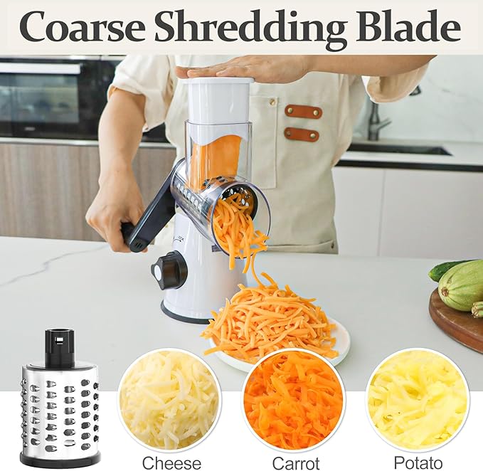 Cambom Rotary Cheese Grater Hand Crank Cheese Shredder for Fresh Cheese, Vegetable, Nuts,Non-slip Suction Base, Free Cleaning Brush Three Blades, White and Black