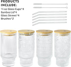 16oz Drinking Glasses Cups Set of 4 with Bamboo Lids Straws Brush Vintage Glassware Set for Mojito Iced Coffee Beer Cocktail Whiskey(Mixed)