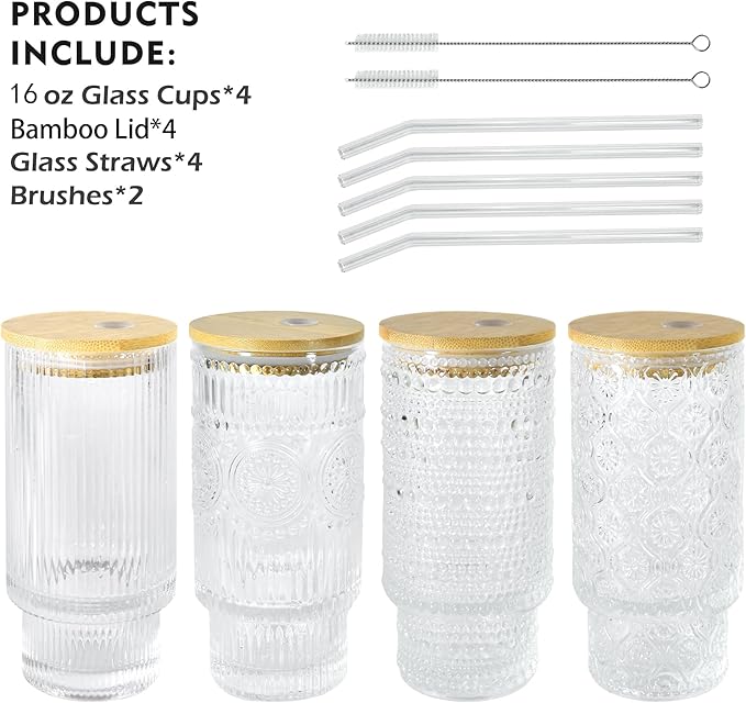 16oz Drinking Glasses Cups Set of 4 with Bamboo Lids Straws Brush Vintage Glassware Set for Mojito Iced Coffee Beer Cocktail Whiskey(Mixed)
